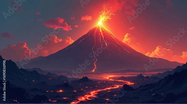 Fototapeta A volcano erupts, spewing lava and ash into the sky, with a river of lava flowing down its side.