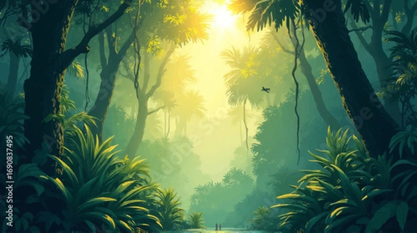 Fototapeta Sunlit jungle path with lush vegetation, two figures by a tranquil stream, creating a serene, mystical atmosphere.