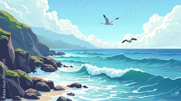 Fototapeta Serene coastal scene with crashing waves, rocky shore, and seagulls in flight under a bright, sunny sky.