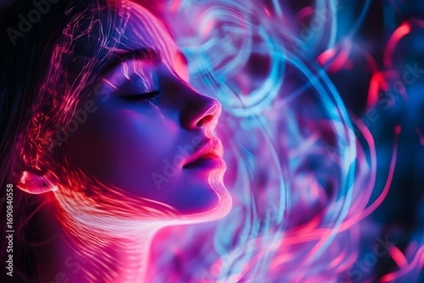 Obraz Ethereal Portrait of Woman with Colorful Light Patterns and Glow
