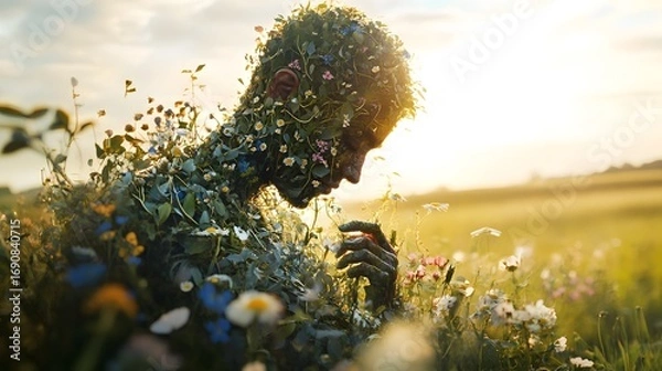Obraz Person Covered in Flowers and Plants in a Sunlit Field