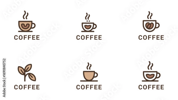 Fototapeta Minimal coffee cup logo collection, modern café branding icons, simple coffee shop vector designs for restaurants, beverage businesses, barista graphics, and coffeehouse identity on white background