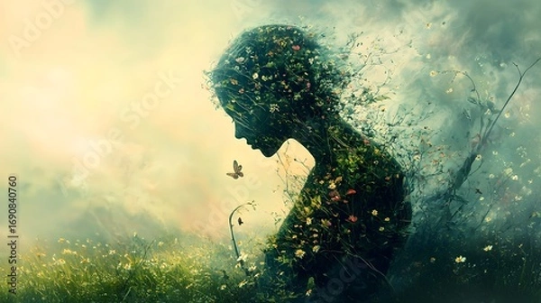 Obraz Ethereal Woman Shrouded in Nature's Elements and Floral Aesthetics