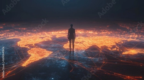 Obraz Person Overlooking Digital World Map with Network Connections