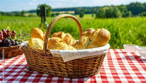 Fototapeta Basket of bread on picnic blanket (1)