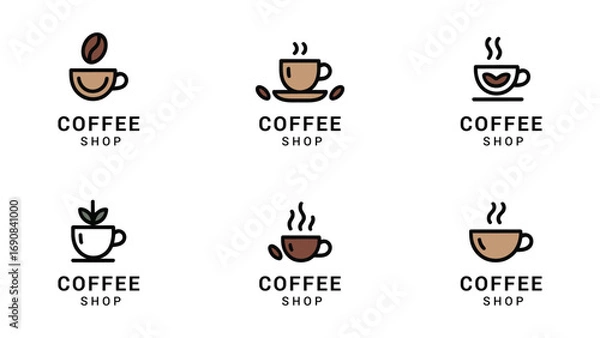 Fototapeta Minimal coffee cup logo collection, modern café branding icons, simple coffee shop vector designs for restaurants, beverage businesses, barista graphics, and coffeehouse identity on white background