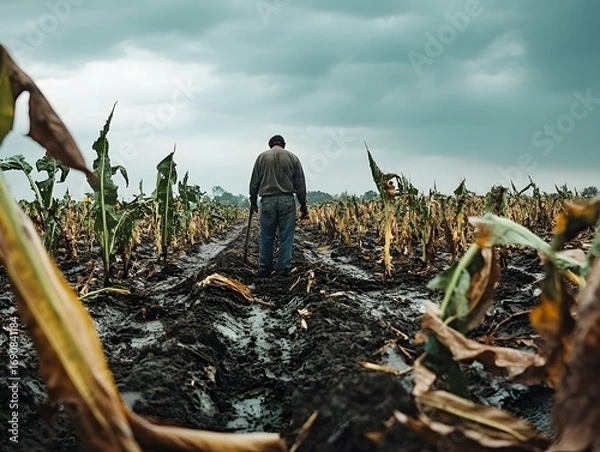 Obraz Farmer Working in Dismal Corn Field Under Dark Clouds and Overcast Sky