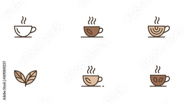Fototapeta Minimal coffee cup logo collection, modern café branding icons, simple coffee shop vector designs for restaurants, beverage businesses, barista graphics, and coffeehouse identity on white background