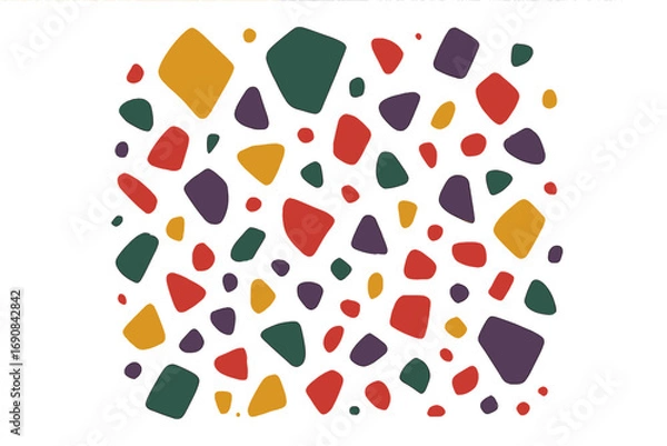Fototapeta Colorful abstract pattern with scattered organic pebble shapes, a modern minimalist background design with red, yellow, green, and purple elements
