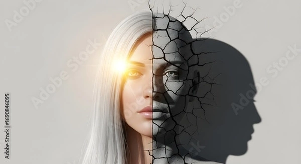 Obraz Woman's face split between vibrant life and cracked stone, symbolizing change, transformation, resilience