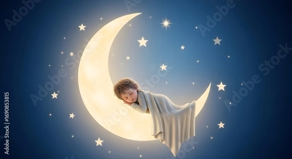 Obraz Dreamy child peacefully sleeping on a glowing crescent moon under a starry night sky