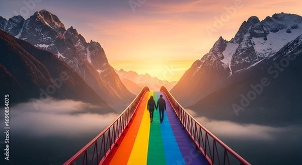 Obraz Couple walks hand-in-hand across vibrant rainbow bridge towards epic mountain sunset