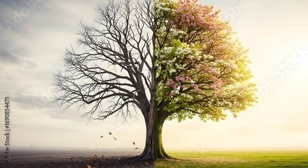 Obraz Symbolic tree showcases dual seasons, symbolizing change, growth, and renewal in nature