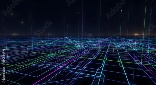 Obraz Dynamic neon grid network pulses with vibrant energy, connecting futuristic data streams