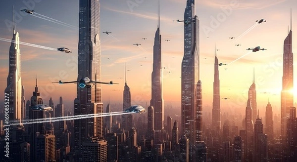 Obraz Futuristic city skyline with flying vehicles and sleek skyscrapers at sunset