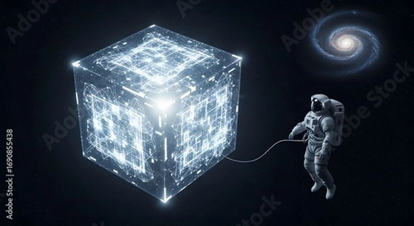 Obraz Astronaut tethered to glowing digital cube explores vast galaxy with cosmic wonder