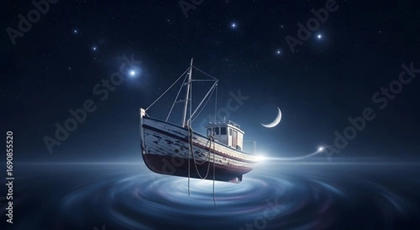 Obraz Dreamy boat adrift under starry night sky with crescent moon and swirling cosmic sea