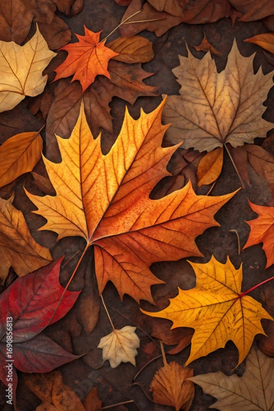 Fototapeta Colorful maple leaves create a vibrant, autumnal background with a pattern of fall foliage in shades of red, orange, and gold