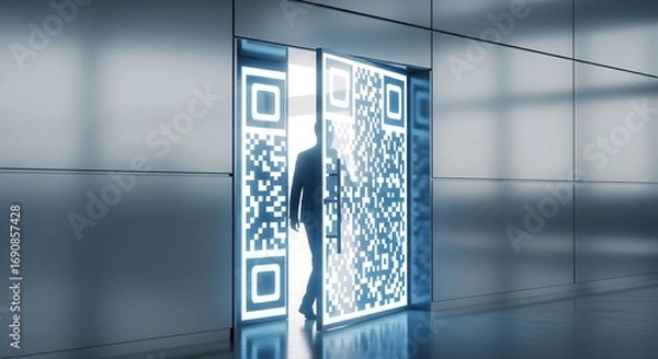 Obraz Man steps through glowing QR code doorway into modern digital future