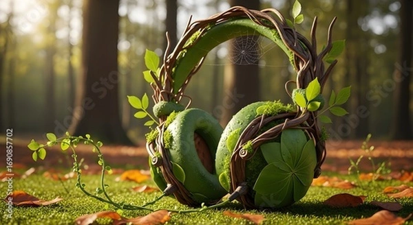 Obraz Immerse yourself in nature's melody with these organic, moss-covered headphones in a serene forest setting.