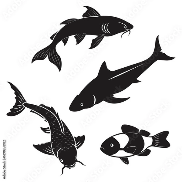 Fototapeta A collection of four distinct black silhouette fish illustrations including a koi carp a shark a catfish and a clownfish set against a clean white background for versatile design applications