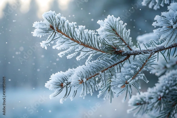 Fototapeta Winter scene with snow-covered fir trees and frosted pine branches