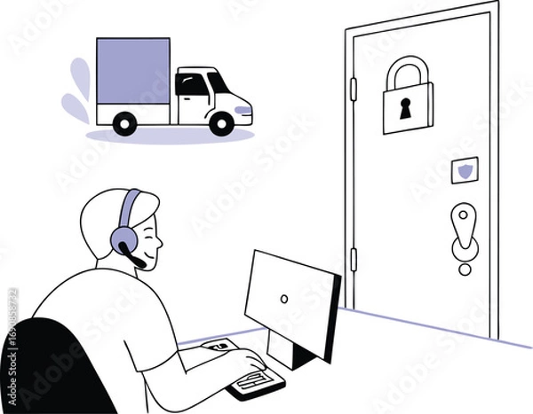 Fototapeta Customer service representative with headset assists with secure delivery and access logistics white background