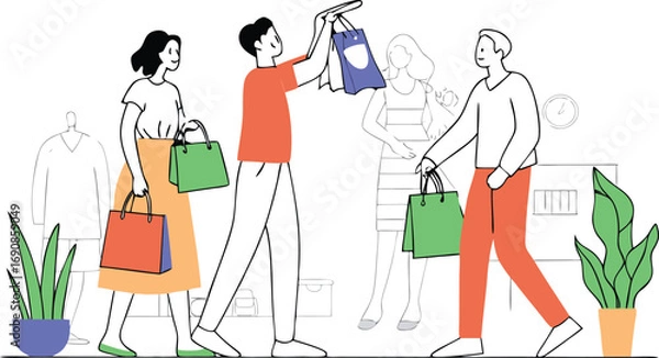 Fototapeta Modern vector illustration of a group of four people enjoying a shopping experience white background