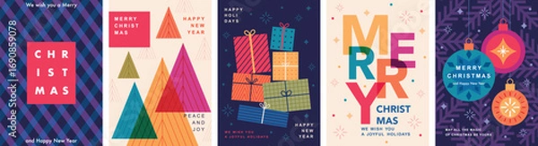 Fototapeta Christmas Minimalist card set - abstract Holidays flyers. Lettering with Christmas and New Year decorative elements. Vector illustration.