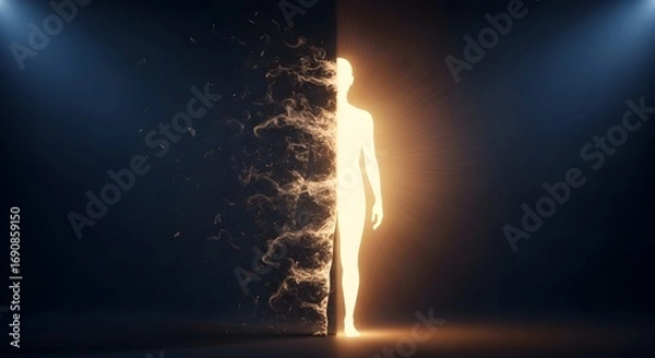 Obraz Ethereal human silhouette dissolving into light and energy, symbolizing transformation