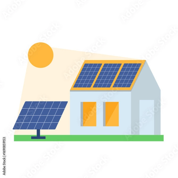 Obraz Eco house with rooftop solar panels and bright sun. Flat vector illustration of clean renewable energy for sustainability, environmental education, and green technology projects.