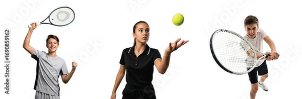 Obraz A diverse set of young tennis players in various poses. This collage captures the excitement, focus, and action of youth sports on an isolated background