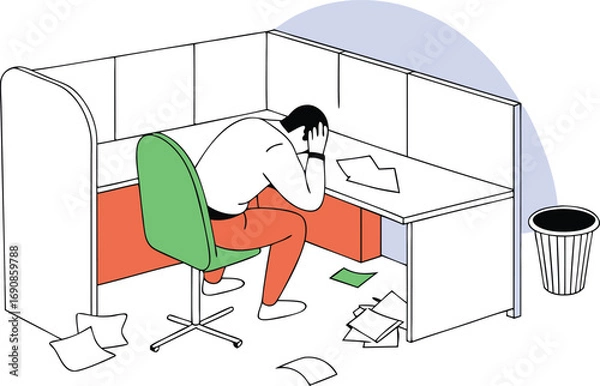 Fototapeta Vector illustration of overwhelmed person slumped at office desk in cubicle eps white background