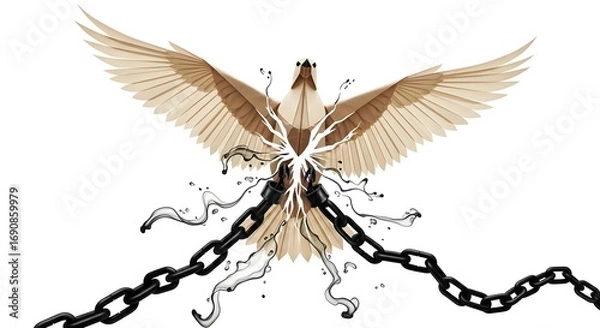 Obraz Origami bird breaks free from chains, symbolizing liberation and new beginnings
