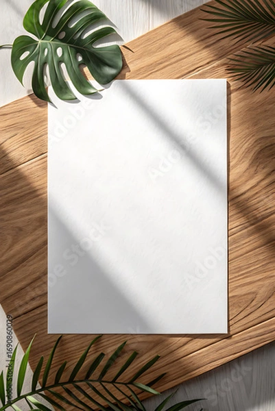 Fototapeta Old wood holiday greeting card with a green fir tree branch on a blank vintage paper border