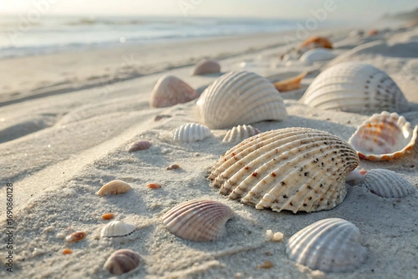 Fototapeta Natural seashells from the ocean rest on the summer sand of a tropical beach