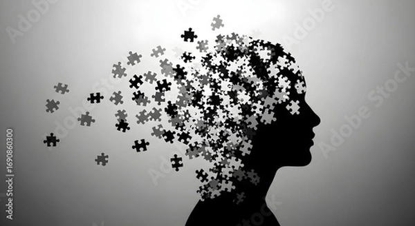 Obraz Silhouette of a head dissolving into scattered puzzle pieces symbolizing memory loss or breakdown