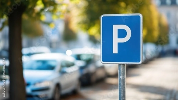 Obraz A blue parking sign with a white "P" stands on a city street lined with parked cars and leafy trees in the background