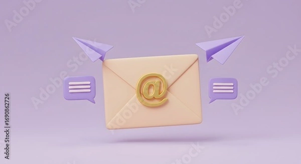 Fototapeta Digital Email Communication Illustration with Envelope at Symbol and Chat Bubbles in Soft Purple and Beige Colors
