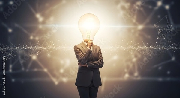 Obraz Brilliant business mind sparks innovation with glowing idea bulb head in modern network