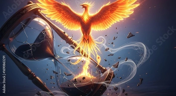 Obraz Fiery phoenix emerges from shattered hourglass, symbolizing rebirth and overcoming challenges.