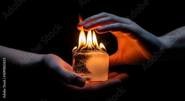 Obraz Hands cradle burning ice cube, symbolizing duality, contrast, and powerful elemental forces.