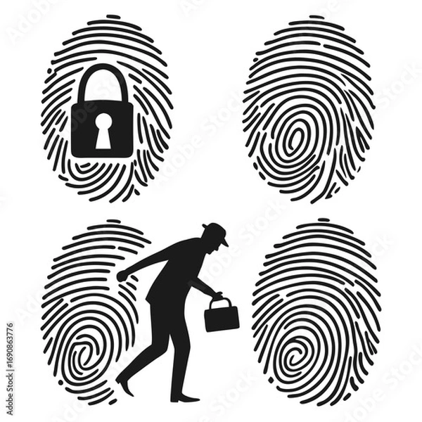 Fototapeta Security and privacy concepts illustrated by fingerprints and a silhouette of a person with a briefcase and a padlock symbol representing identity protection and data security