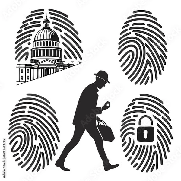 Fototapeta Silhouette of a person walking past fingerprint icons representing identity security and government buildings symbolizing surveillance and data privacy concerns