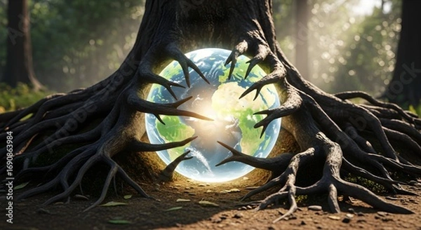 Obraz Ancient tree roots cradle a glowing Earth, symbolizing protection and global connection