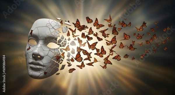 Obraz Mask shattering into butterflies symbolizing transformation, freedom, and new beginnings