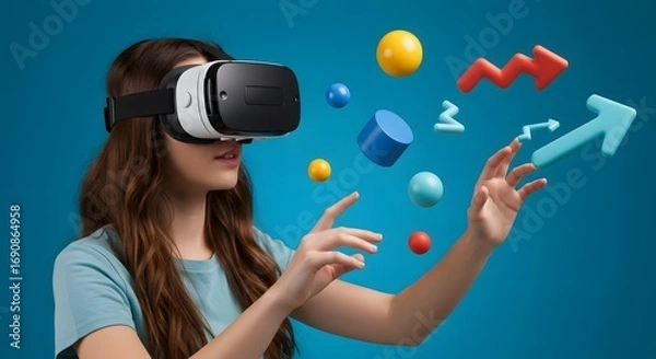 Fototapeta Young Woman Wearing Virtual Reality Headset Interacting with Colorful 3d Shapes and Arrows in Modern Studio