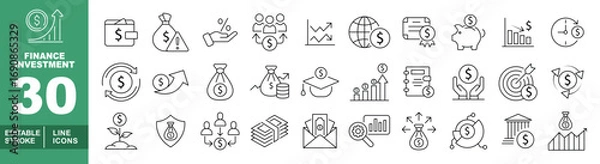 Fototapeta Finance Investment line icon set. Editable stroke icons for Investment. Containing graph, wallet, moneydrop, percenthand, team, charts, globe, stamp, piggybank, timestats, moneyreverse, bag, bagcoins