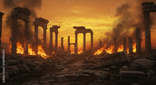Fototapeta The fiery ruins of an ancient civilization engulfed in flames and smoke