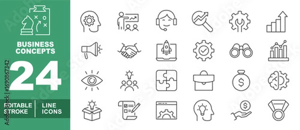 Fototapeta Business Concepts line icon set. Editable stroke icons for Business Concepts. Containing Chess, Brain, Teacher, Headset, Magnifier, Gear, Chart, Megaphone, Handshake, Rocket, Binoculars, Eye, Team